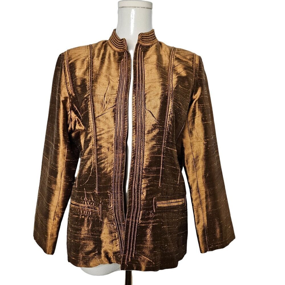 Jami's Contemporary Silk Jacket Medium Open Front Brown Designer Elegant Luxury